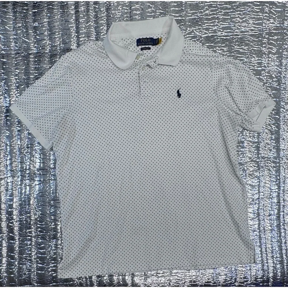 Polo Ralph Lauren Mens White Navy Polka Dot Classic Fit Cotton Polo Shirt L